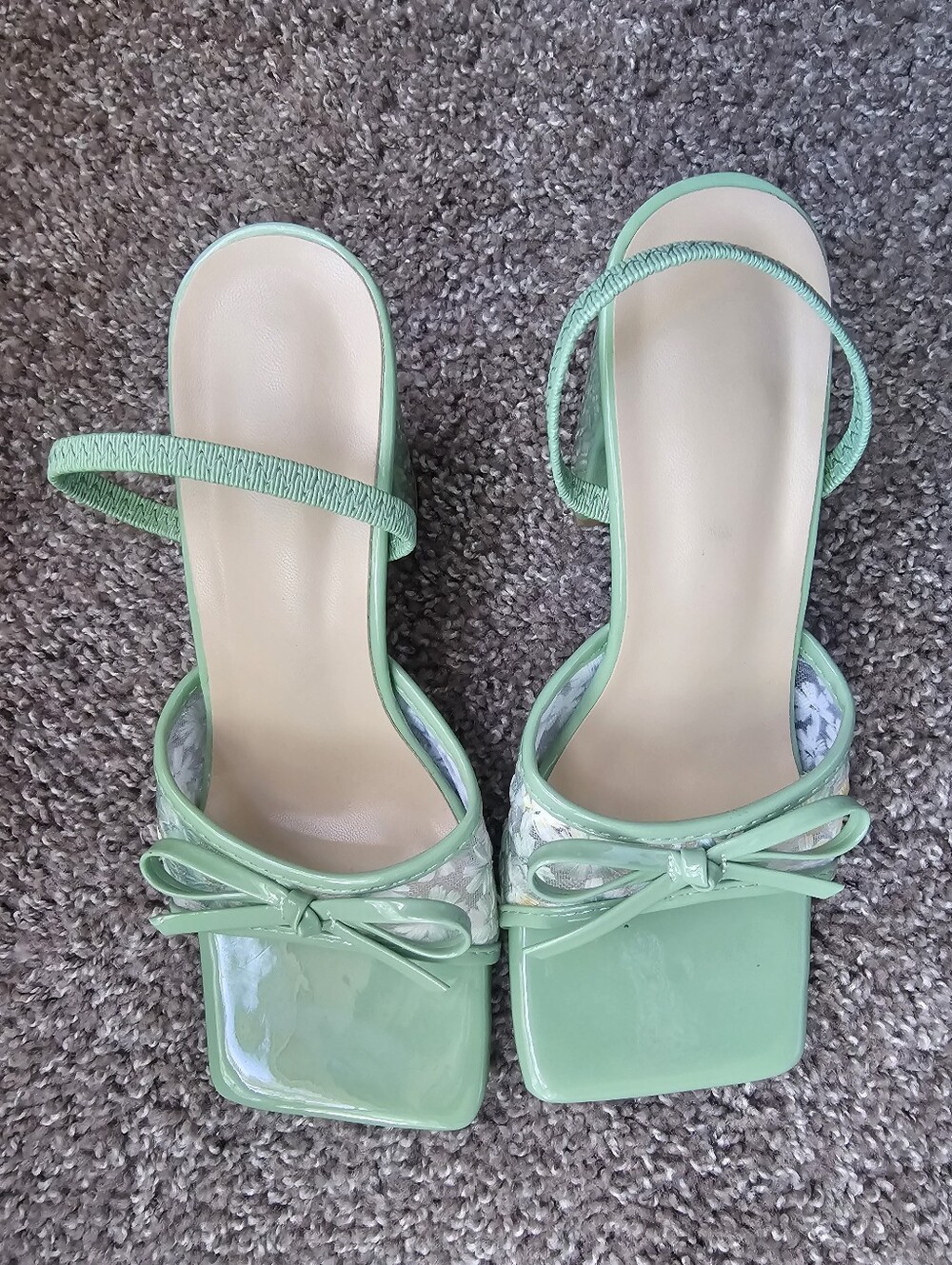Mint Green Square-Toe Slide Heels with Bow Detail